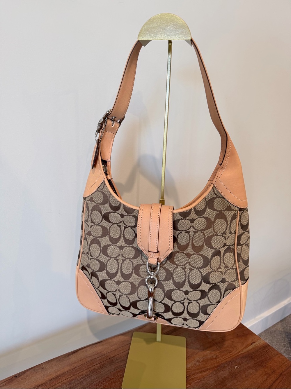 Vintage Y2K Coach Brown Signature Canvas Shoulder Bag with Pink Leather Trim